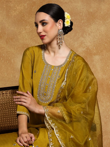Varanga Women-Zari Embroidered Yoke Kurta With Trouser & Dupatta